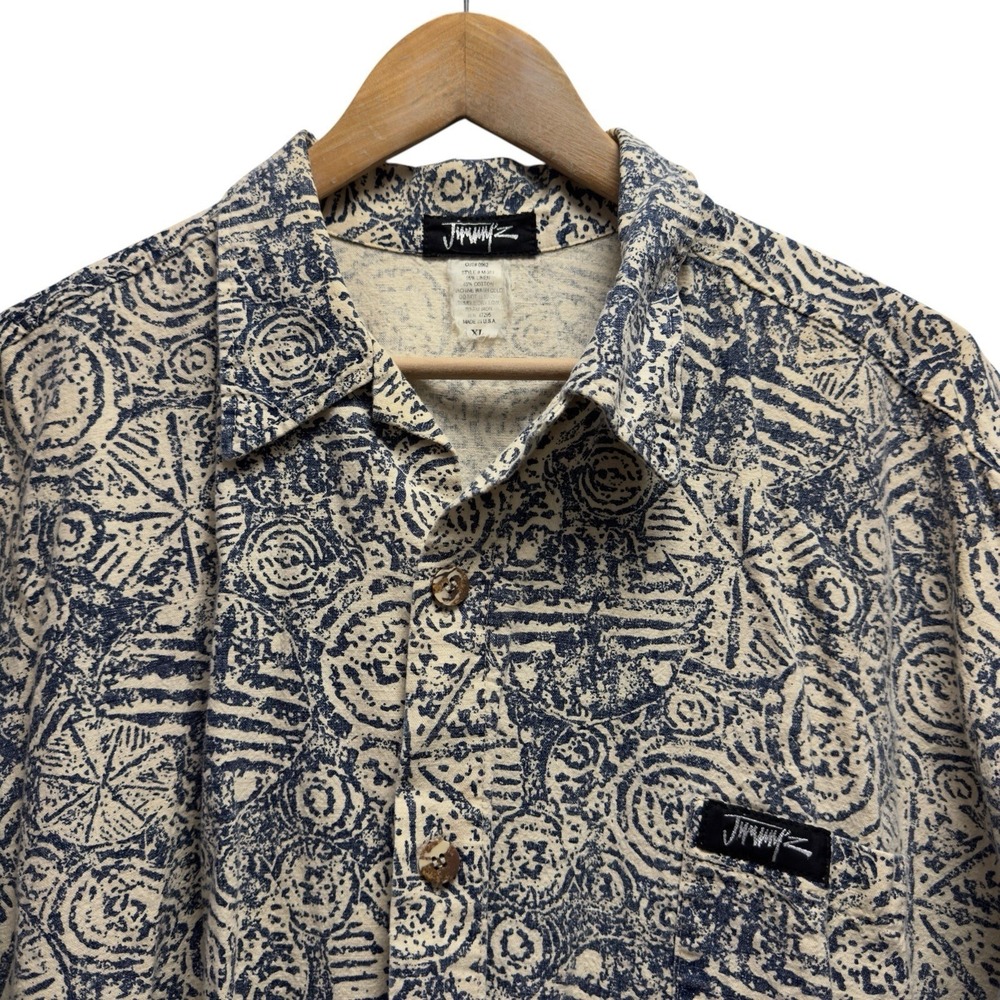 Jimmy'z Vtg 80's Men's XL Blue/Cream Geometric Linen/Cotton Hawaiian Surf Shirt
